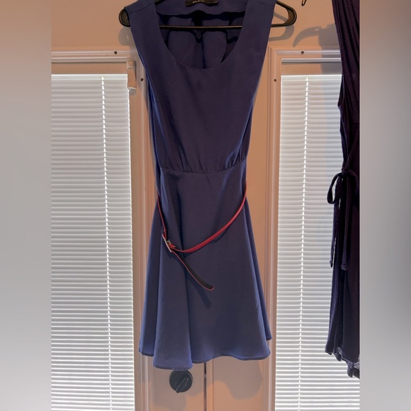 open lace back dress Navy blue dress with gold turn button and black belt  Amuse